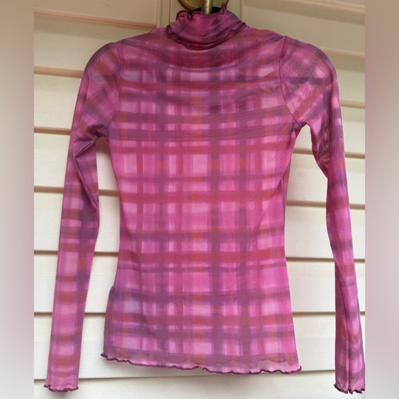 Pilcro & Letterpress Pink Plaid Mesh Mock Neck Top, Stretchy, Li g Sleeved, XXS - Picture 1 of 9